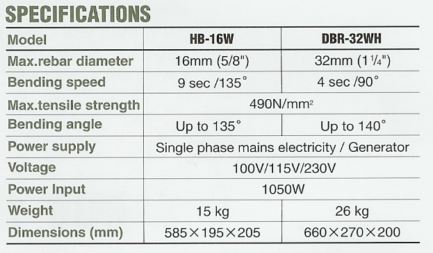 DIAMOND portable bender specifications